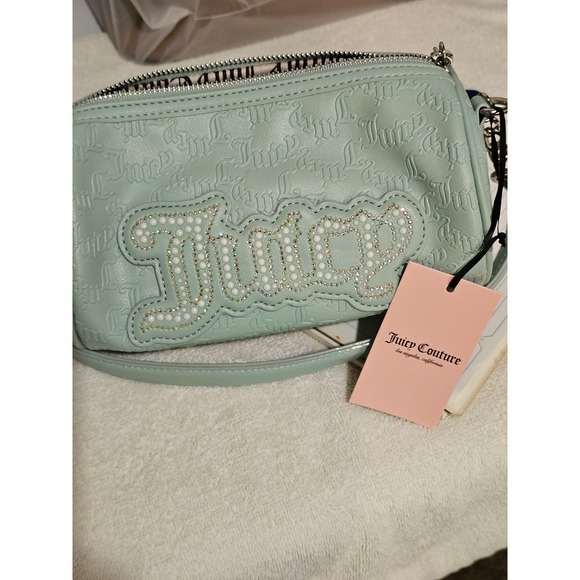 Juicy Couture Embossed Monogram Crossbody Bag Mint‎ Green w/ Rhinestone Logo - Picture 2 of 4